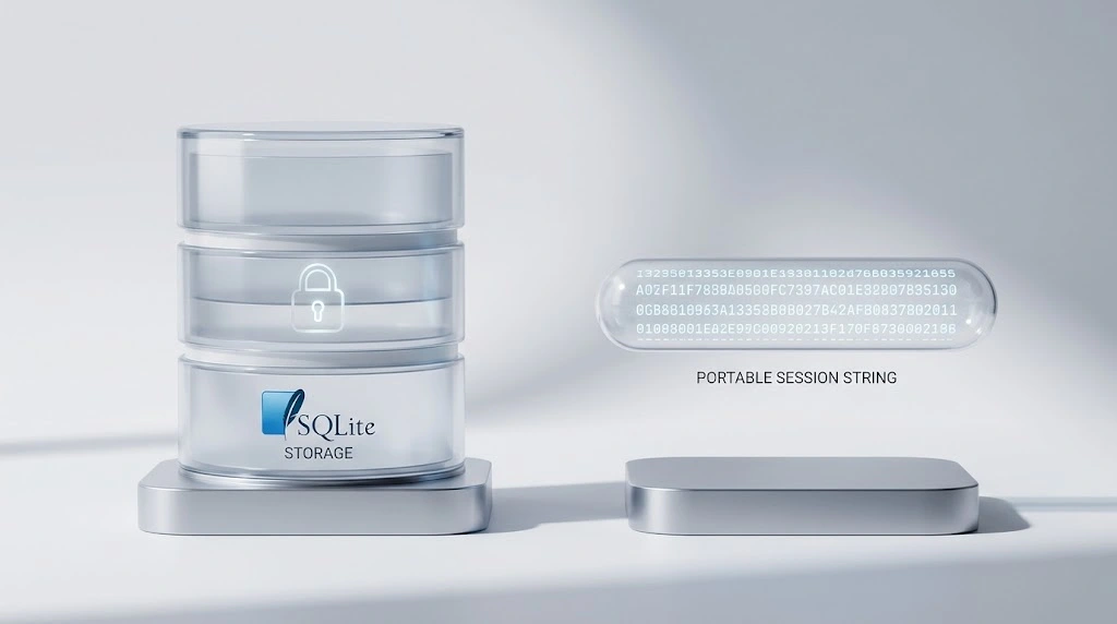 3D visualization of SQLite database storage versus portable session strings in Python frameworks