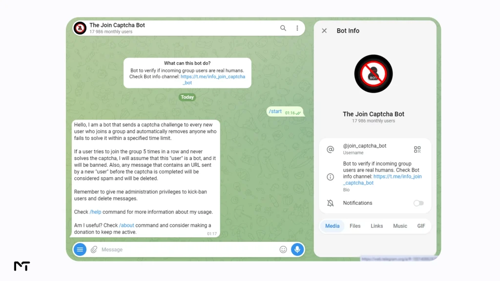  The Join Captcha Bot configuration screen showing a free Telegram CAPTCHA verification bot for group spam protection