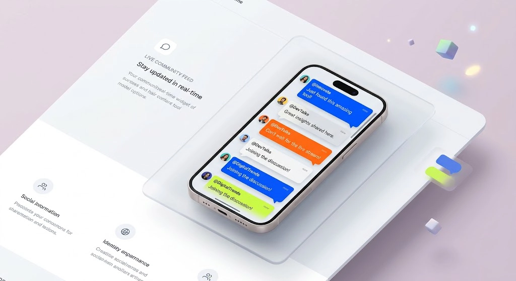 Isometric view of a smartphone displaying a live auto updating Telegram channel feed widget on a modern website