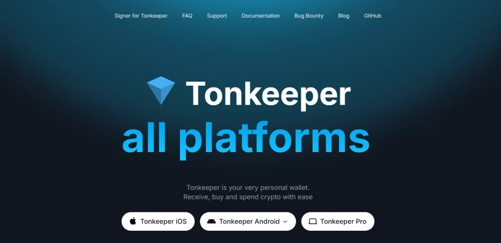 Official Tonkeeper website homepage showing wallet download options for Telegram mini apps