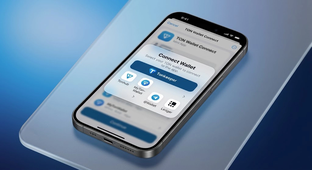 Telegram mini app wallet selection screen showing Tonkeeper connect button
