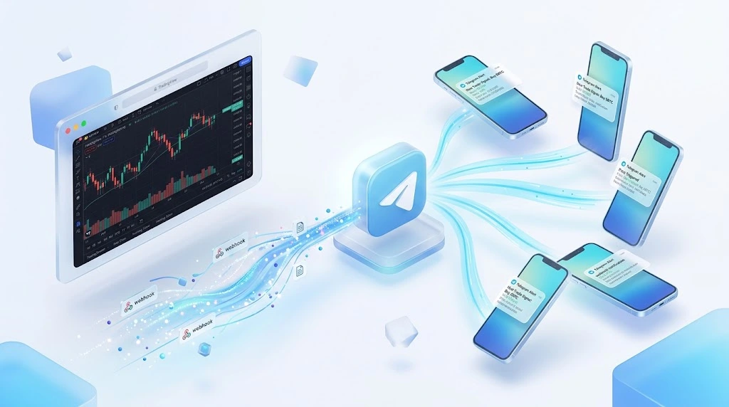 3D diagram showing the automated signal flow from a TradingView chart through a webhook directly to a Telegram bot interface