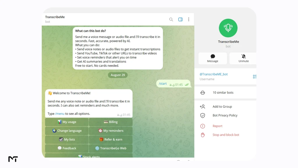 TranscribeMe bot converting a Telegram voice note to text with summary