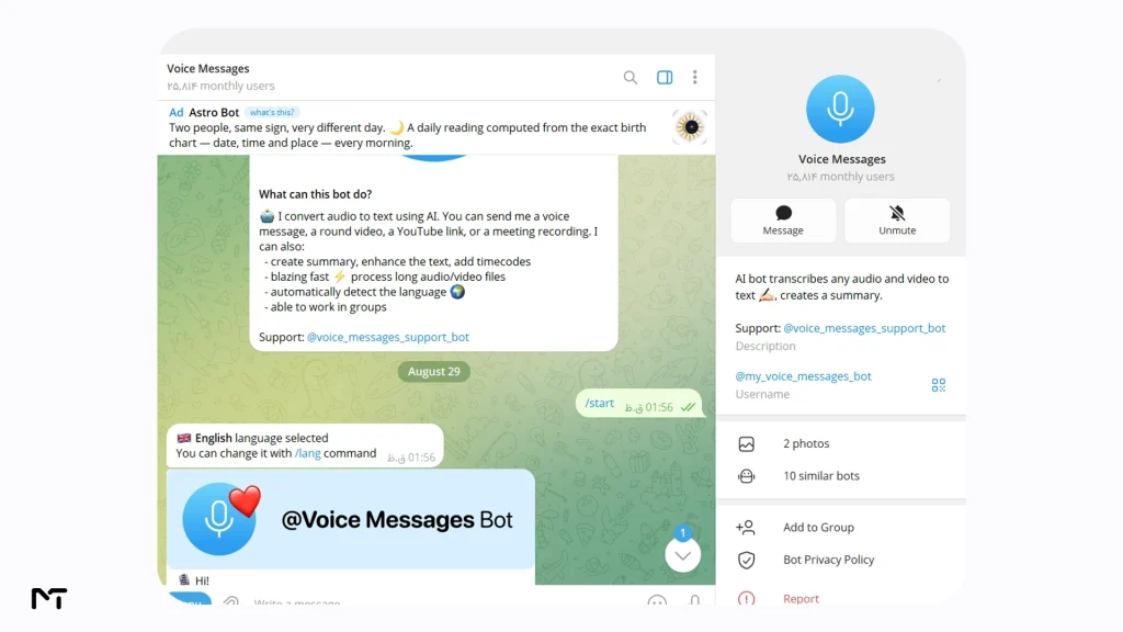 Voice Messages bot transcribing audio inside a Telegram group chat