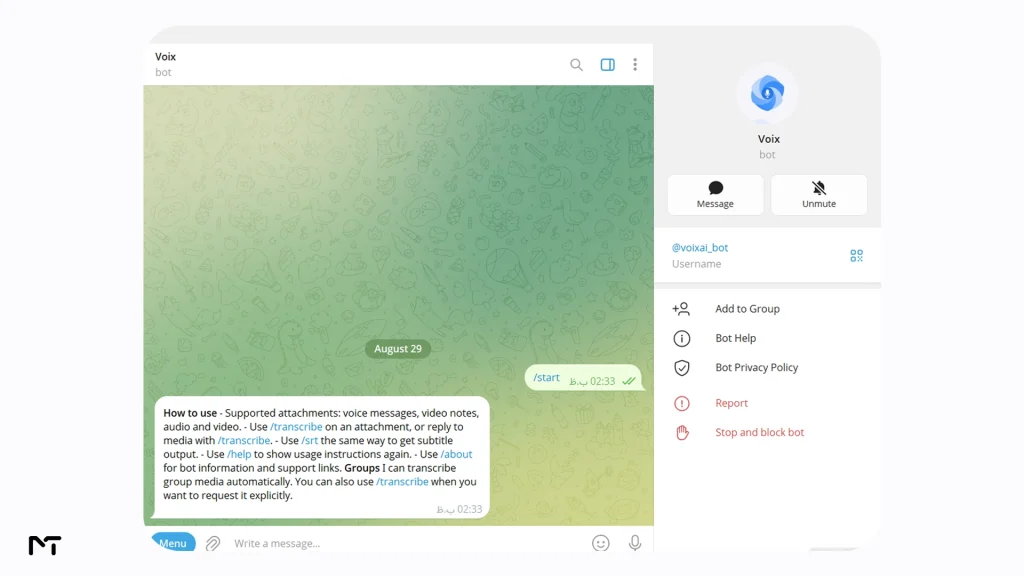 Voix Telegram bot interface showing voice to text transcription