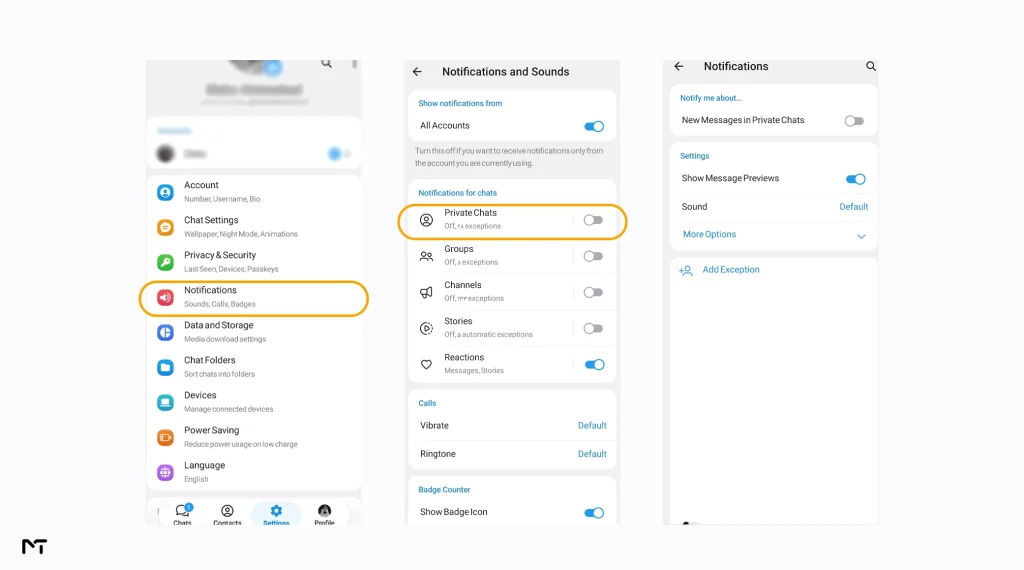 Telegram app settings menu showing how to check muted private chats and notification exceptions on Android