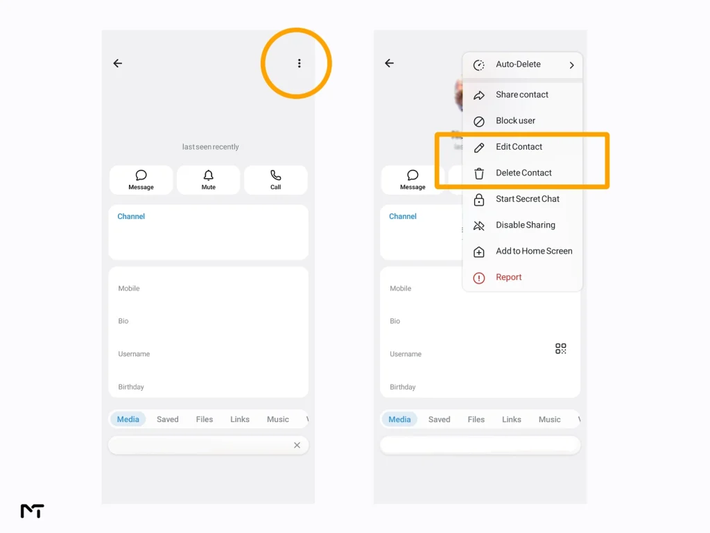 Mobile screenshot showing how to delete a duplicate contact on Telegram using the three dot menu