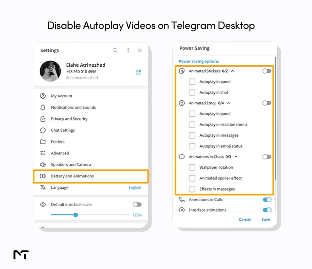 Step by step guide to turn off autoplay videos in Telegram Desktop Battery and Animations settings