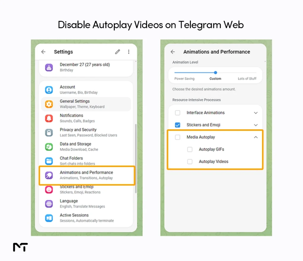 Disabling media autoplay for videos and GIFs in Telegram Web Animations and Performance settings