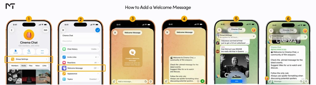 Visual guide on how to add a welcome message in Telegram group settings