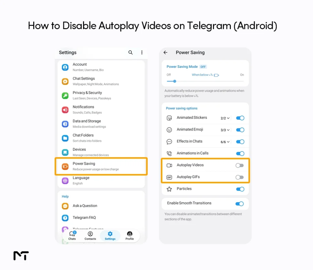 Telegram Android settings menu showing how to disable autoplay videos and GIFs in the Power Saving section