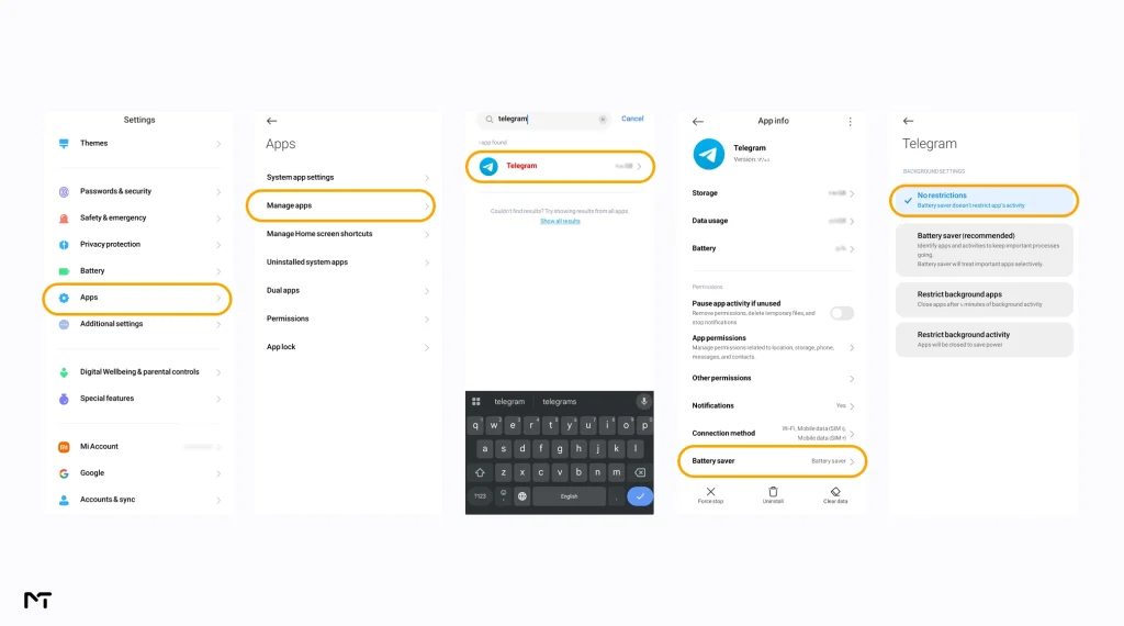 Step by step settings menu to turn off battery optimization for Telegram on Xiaomi Android devices
