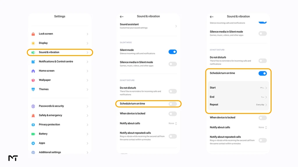 Android Do Not Disturb schedule screen showing start time, end time, and repeat days for muting Telegram notifications