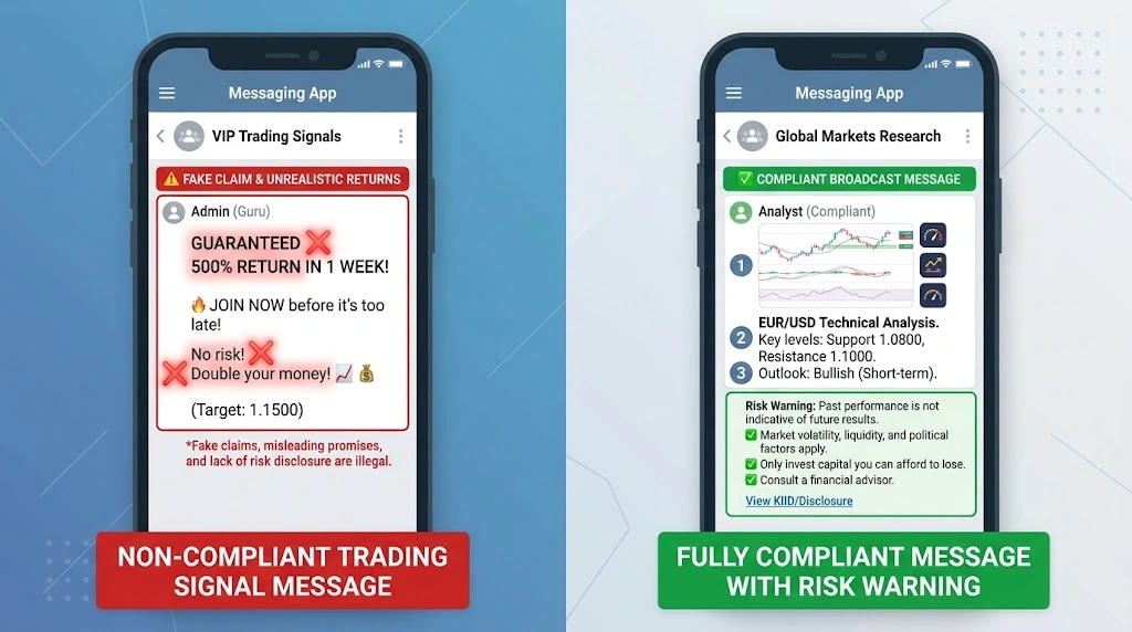 Side by side comparison of a compliant crypto signal with risk warnings and a non compliant scam message