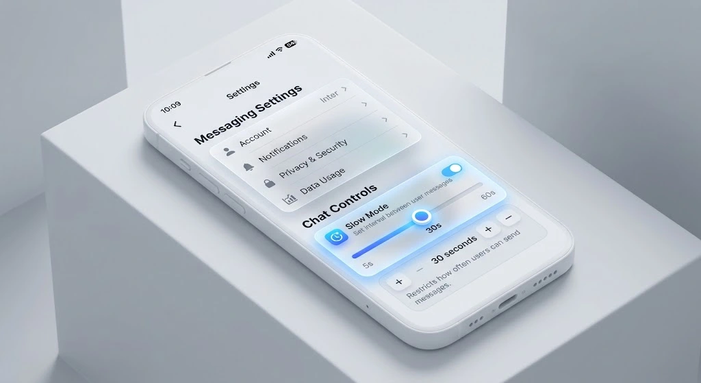 A smartphone screen showing how to activate Telegram slow mode inside the group permissions menu