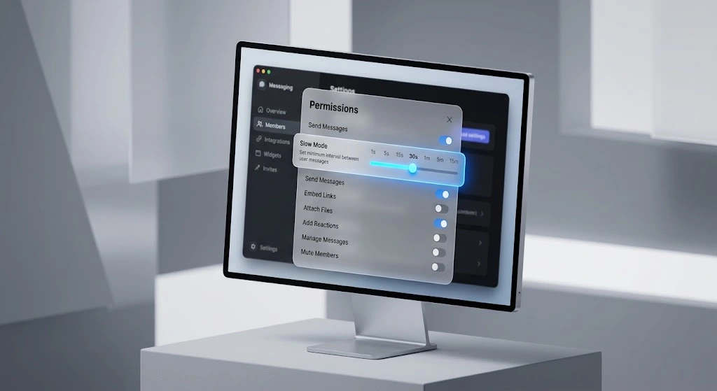 The desktop application panel displaying the Telegram slow mode timer and member restrictions