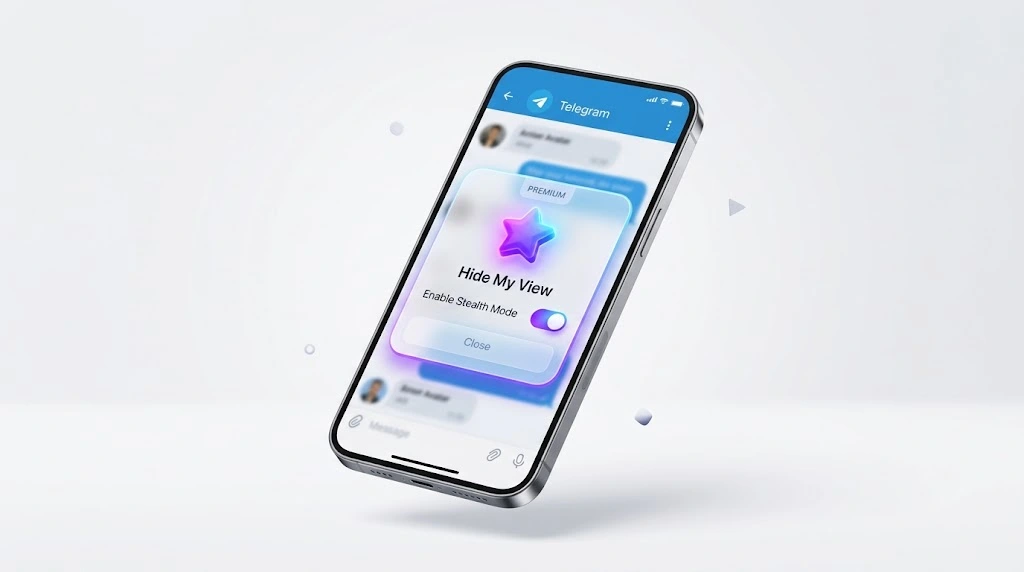 A 3D smartphone mockup showing the Telegram Premium popup menu with the Hide My View and Enable Stealth Mode buttons to watch stories anonymously.