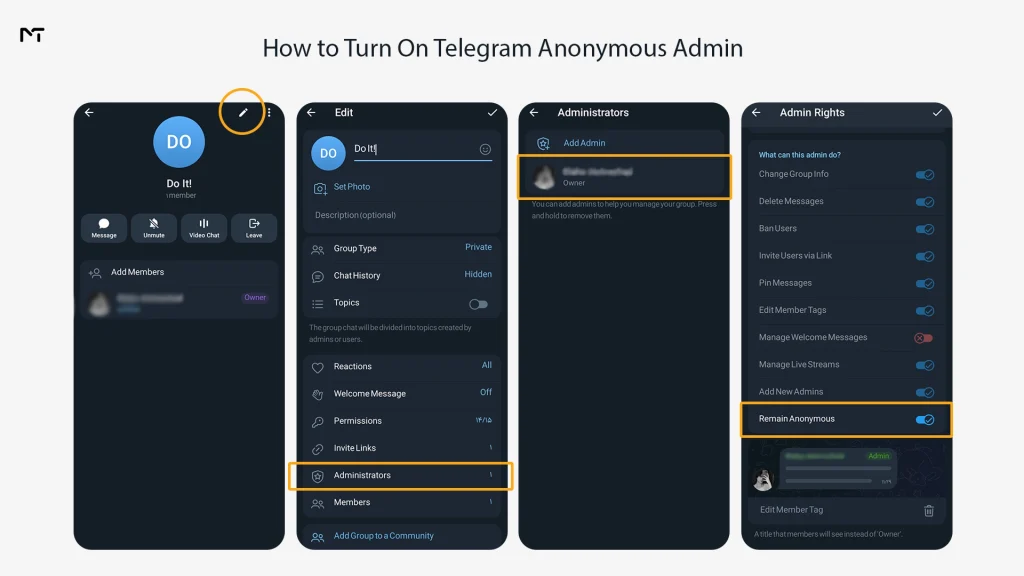 Step by step screenshots showing how to turn on Telegram anonymous admin setting