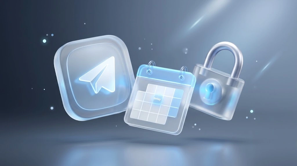 A 3D glassmorphism illustration showing recurring payments for paid Telegram communities with a secure padlock and calendar