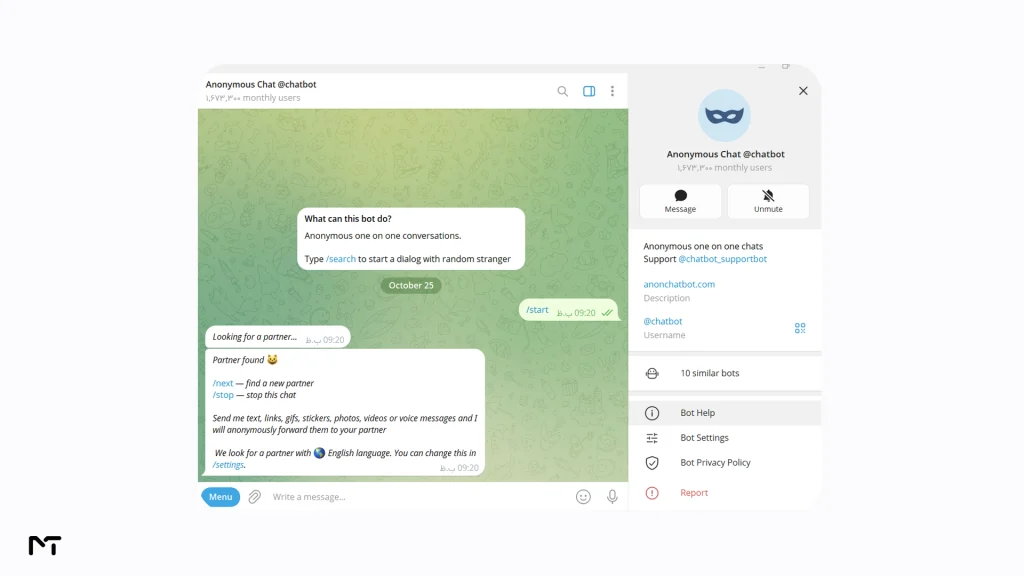 Screenshot of the @chatbot Telegram anonymous chat bot interface, showing a successful match with a random stranger.