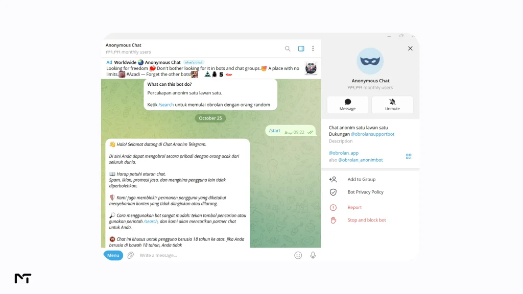 Start screen and chat rules of @obrolan_anonimbot, a Telegram anonymous chat bot used primarily by Indonesian speakers.