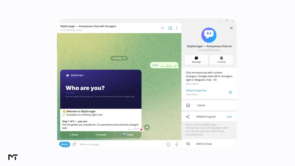 The @SkipStrangerBot interface on Telegram desktop, showing the gender selection step before starting an anonymous chat.