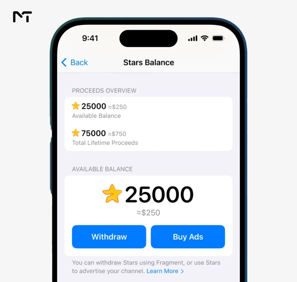 Telegram Stars withdrawal and proceeds overview for channel owners