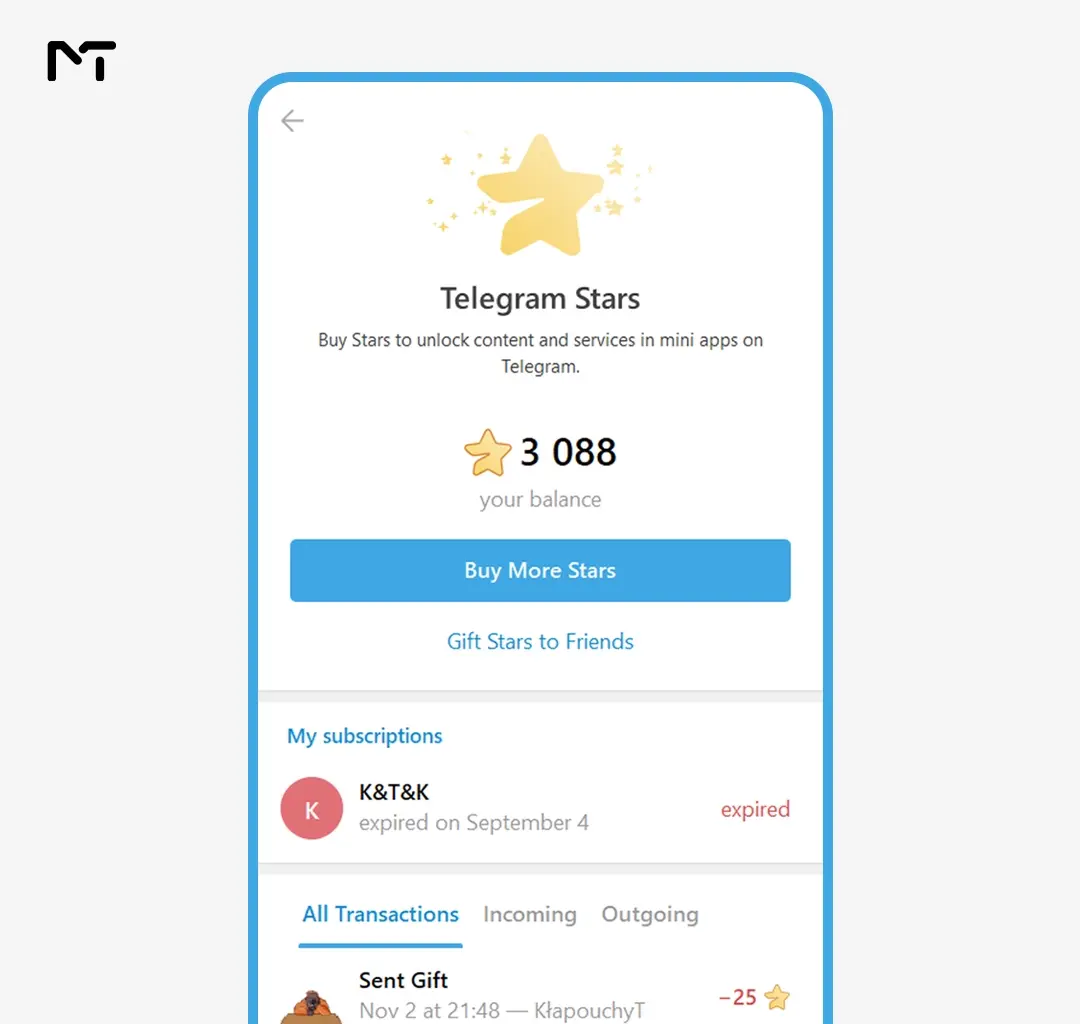 Telegram Stars active and expired subscriptions list in settings