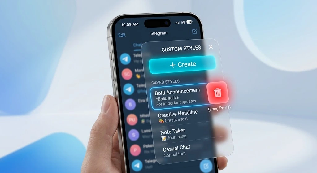Telegram AI text editor custom styles menu showing the create button and delete icon
