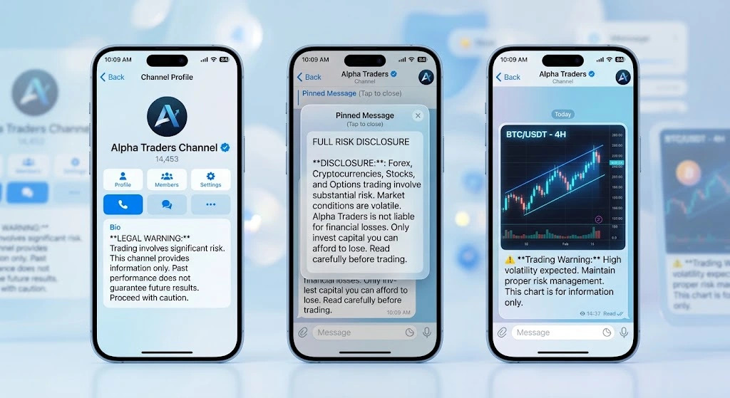 Telegram smartphone UI mockup showing where to place forex signal disclaimers in the channel description pinned message and post caption