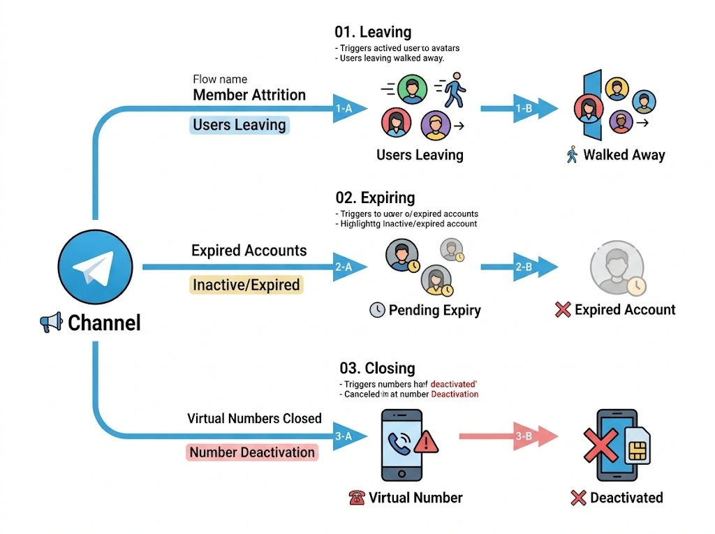 Infographic diagram illustrating the three main causes of Telegram members drop including real users leaving dormant accounts and closed virtual numbers